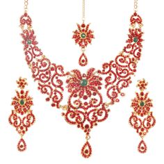 PRICES MAY VARY. Touchstone Indian Bollywood Traditional Royal Look Fine Filigree Carving Faux Emerald Ruby Crystals Grand Bridal Designer Jewelry Necklace Set For Women In Antique Gold Tone. EXTRA LONG EARRINGS. Length 4 inches SPECIFICATIONS : Necklace circumference 12.50 inches with adjustable/extendable link chain up to 18 inches. Earring weight (single) 18 gms.. Earring length 4 inches. Earring width 1.25 inches. This is in a special dark gold plating to recreate the look of antique jewelry Jeweled Crystal Jewelry Sets For Wedding, Crystal Jeweled Jewelry Sets For Wedding, Wedding Cubic Zirconia Jeweled Jewelry Set, Festive Crystal Jewelry Sets For Wedding, Festive Crystal Jewelry Sets With Stone Work, Red Rhinestone Jewelry Sets For Wedding, Red Rhinestone Wedding Jewelry, Festive Crystal Jewelry Sets For Party, Gold Jeweled Jewelry Set For Wedding