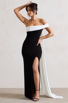 Vogue Theme Dress, Middle Eastern Wedding Guest Dress, White And Black Formal Dress, Black Tie Wedding Guest Dress Fall Gowns, Black And White Bridesmaids Dresses, Black And White Graduation Dress, Black And White Gala Outfit, Black Tie Theme Party Outfit, Black And White Party Outfit Women