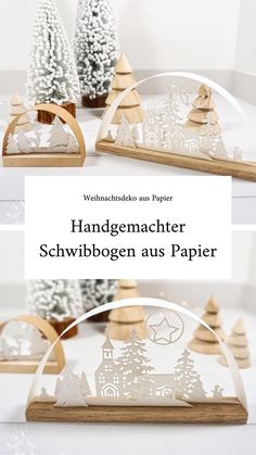 three wooden christmas trees in the shape of snow globes with text that reads handgemac