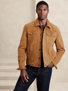 Suede Trucker Jacket | Banana Republic Factory Fall Suede Leather Jacket With Suede Lining, Workwear Leather Jacket With Suede Lining, Classic Leather Jacket With Suede Overlays, Suede Leather Jacket For Work In Fall, Fall Suede Leather Jacket For Work, Luxury Outerwear With Suede Lining For Fall, Classic Brown Outerwear With Suede Overlays, Fitted Suede Outerwear For Work, Suede Leather Jacket With Lapel Collar For Fall