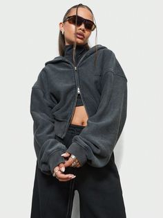 Washed Cropped Zip Through Hoodie Black Casual  Long Sleeve Knitted Fabric Plain  Slight Stretch  Women Clothing, size features are:Bust: ,Length: ,Sleeve Length: Zip Through Hoodie, Bow Shorts, Crop Hoodie, Womens Shoes High Heels, Knitted Tshirt, Kids Sleepwear, Black Casual, Cropped Hoodie, Long Sleeve Knit