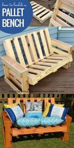 pallet bench made out of wood and some pillows on the ground with text overlay that says how to build a pallet bench