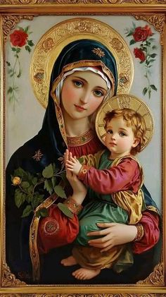 an image of the virgin mary holding a child in her arms with roses on it