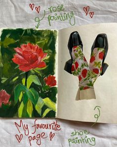 an open book with pictures of shoes and flowers on it, next to a drawing of a pair of gloves