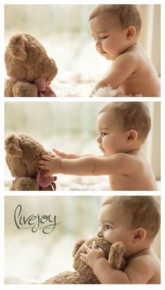 a baby playing with a teddy bear in three different pictures, one is touching the other's hand