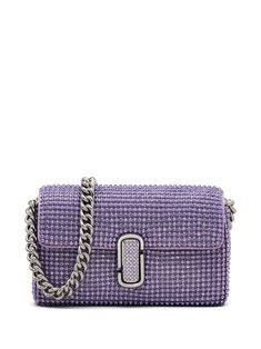 lavender purple rhinestone embellishment silver-tone logo plaque chain-link shoulder strap foldover top main compartment internal card slots Luxury Purple Shoulder Bag With Chain Strap, Luxury Purple Shoulder Bag With Silver-tone Hardware, Evening Bags With Silver-tone Hardware In Purple, Purple Evening Bags With Silver-tone Hardware, Purple Shoulder Bag With Silver-tone Hardware For Evening, Prom Purse, Starlight Glimmer, Purple Bag, Purple Rhinestone