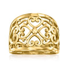 Ross-Simons - 18kt Gold Over Sterling Filigree Heart Ring Size 8. For fans of understated elegance, we have just the ring. Beautifully handcrafted in 18kt yellow gold over sterling silver, it features an intricate heart motif with delicate openwork filigree designs. 5/8" wide. Filigree heart ring. Classic Gold Filigree Ring With Decorative Band, Yellow Gold Sterling Silver Rings With Intricate Design, Sterling Silver Rings With Intricate Design In Yellow Gold, Classic Gold Filigree Ring With Intricate Design, Gold Filigree Jewelry For Promise Ring, Elegant Gold Filigree Ring, Classic Gold Filigree Rings, Classic Sterling Silver Heart Ring In Yellow Gold, Gold Filigree Ring Fine Jewelry