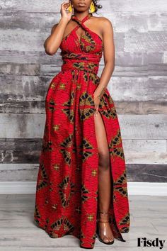 Fisdy - Exquisito vestido rojo con estampado vintage y cuello asimétrico en forma de A de elegante atractivo Multi Wear Dress, Long African Dresses, Magic Dress, Afrikaanse Mode, Infinity Dress, Maxi Robes, Vestidos Vintage, African Dresses For Women, Plus Size Kleidung