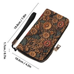 an image of a wallet with flowers on the front and side, measurements for it