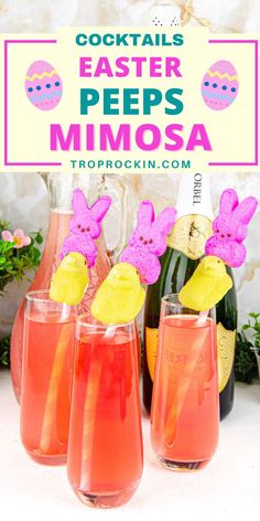 three glasses filled with pink liquid and decorated peeps