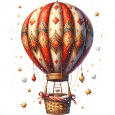 a painting of a hot air balloon in the sky with stars on it's sides