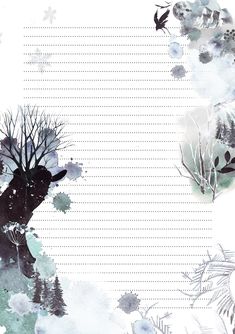 an artistic background with watercolor trees and birds on the branches, lined in white paper