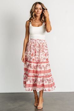 Meg Skirt | Blush Multi Skirt Inspiration, Feminine Skirt, Tiered Midi Skirt, Floral Midi Skirt, Skirt Fits, Flowy Skirt, Tier Skirt, Country Outfits, Jumper Dress