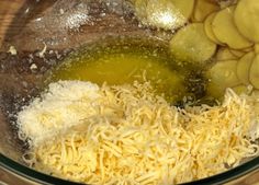 the ingredients are being mixed together in a bowl to make potato casserole recipe