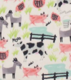 an animal print fabric with farm animals and cows on it's white background,