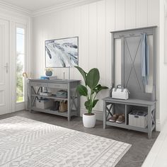 a white and gray entryway with a potted plant