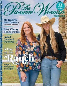 two women standing next to each other in front of a fence with the cover of pioneers magazine