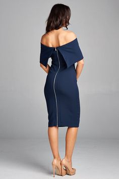 This stunning cocktail dress exudes sophistication with it's sleek form fitting lines. The off-the-shoulder dress has a wide fold-over cuff and exposed back zipper. With it's midi length silhouette we see a hint of the 1950's vintage look but with a modern twist on the MadMen era. So pair this chic dress with some sexy high heels and wear this indigo colored dress to a cocktail party. Hello Don Draper... By AG Studio. Available in indigo. Made in the USA. Natural Waist Dress, Sensual Dress, Strapless Cocktail Dress, Don Draper, Prom Dresses Gowns, Chiffon Wrap, Peplum Styling, Full Skirts, Short Cocktail Dress