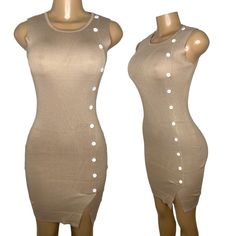 Elegant Bandage Style Dress New With Tags Super Stretchy Material Size S/M True Size 65% Cotton 35% Polyester Chest: 26 Inch. Waist: 23 Inch Hips: 27 Inch. Length: 35.5 Inch Beige Stretch Sleeveless Knee-length Dress, Beige Fitted Sleeveless Midi Dress, Sleeveless Beige Bodycon Party Dress, Summer Bodycon Sleeveless Dress In Beige, Fitted Buttoned Mini Dress For The Beach, Chic Sleeveless Beige Bodycon Dress, Sleeveless Beige Midi Dress For Night Out, Beige Bodycon Sleeveless Dress For Summer, Beige Sleeveless Midi Dress With Buttons