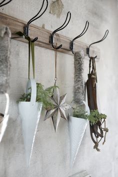 three white vases with plants hanging from hooks on a wall next to other items