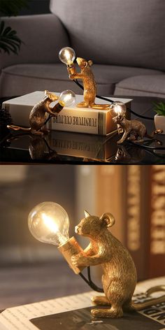 a lamp that is sitting on top of a table next to a bear figurine