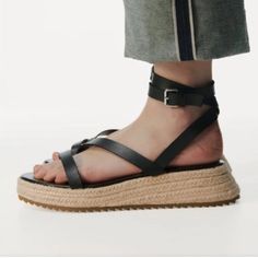 Zara Black Strappy Wedge Raffia Espadrille Platform Sandals Size 7 Us / 37 Eur **New Without Tags** Zara Platform Sandals, Black Strappy Wedges, Espadrilles Platform, Zara Shoes, Zara Black, Black Tan, Black And Tan, Platform Sandals, Women's Shoes Sandals