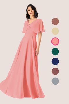 a woman in a long pink dress standing next to color swatches and the colors