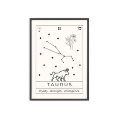 the zodiac sign taurus is shown in black and white, with stars on it