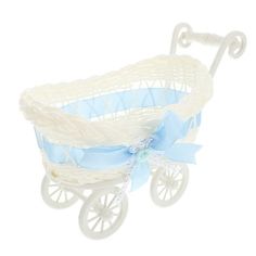 a white and blue baby's carriage with a bow