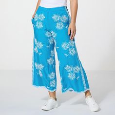 Antthony Embroidered Scalloped Edge Pull-On Pant  Springtime? Always in bloom when it comes to this floral-embroidered pant. A breezy choice for spring wardrobing and beyond, the pull-on is so easy to wear and style and also features a petal-like scalloped them. This is fashion that's flourishing. Casual Wide-leg Pants With Floral Embroidery, Casual Floral Embroidered Pants For Spring, Casual Floral Embroidered Trousers, Casual Straight Pants With Floral Embroidery, Casual Pants With Floral Embroidery, Summer Embroidered Straight Leg Bottoms, Embroidered Straight Leg Summer Bottoms, Blue Straight Leg Bottoms With Floral Embroidery, Blue Floral Embroidered Wide Leg Bottoms