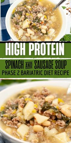 Sausage Spinach Soup, Vsg Recipes, Gastric Bypass Recipes, Sausage Spinach, Bariatric Friendly Recipes, Bariatric Diet, Bariatric Eating