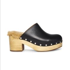 Wood Sole Mule Clog Chunky Wooden Heel And Platform Closed Toe Metal Embellishment Detail