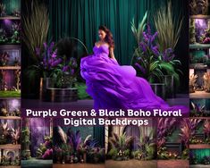 purple green and black boho floral digital backdrops for photoshopping or photography