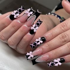 FREE SHIPPING ON ORDERS $9.95+ Buy 3 Get 1 More Free CODE: 4YOU Buy 5 Get 5 More Free CODE: 5FREE French Tip Nails Pink And White, Builder Gel Designs, Black Nails With Charms, Black And White Nail, Fake Nails Long, Long Press On Nails, Nagel Tips, Girly Acrylic Nails, Makijaż Smokey Eye