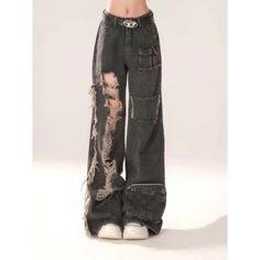 Wide Leg Ripped Jeans: Y2K Grunge Hippie Streetwear  1Measurement In CMsizeWaist(cm)Hips (cm)Pant Length(cm)S609899M64102100L68106101XL72110102XXL76114103 Different Jeans Types, Acubi Clothes, Black Cargo Pants Women, Cargo Pants Women Baggy, Good Clothes, Ripped Women, Estilo Harajuku, Best Pants, Moda Hip Hop