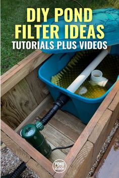 a wooden box with a green blow dryer in it and the words diy pond filter