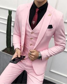 Slim Fit One Button Peak Lapel Blazer Wedding Pink Prom Suits 3 Pieces CB0806 Pink Suit Men, Rose Outfit, Wedding Suit Styles, Der Gentleman, Mode Rose, Blue Suit Men, Dinner Suit, Purple Suits