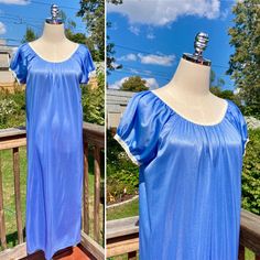 This listing is for a pretty vintage 70s blue long nightgown with lace detail. Such a cute long & lightweight nylon nightgown and I just love the color - it's almost like a periwinkle blue! The lace detail along the neck and sleeves gives it that really cute ringer style. This would be an excellent addition to add to your collection! This vintage nightgown is in good vintage condition, showing only light signs of general wear. There are a couple of small spots I noticed near the bottom & one small area that looks like a patch of color transfer on the right side of the upper portion between the armpit & breast region, but you have to be really searching to find them due to the flowy nature of the piece. Please see photos for details and ask any questions you may have prior to purchasing, as Vintage Blue Nightgown For Bedtime, Vintage Blue Nightgown For Home, Vintage Blue Sleepwear For Pajama Party, Vintage Blue Sleepwear, Blue Vintage Nightgown, Nightgown Vintage, Lingerie Nightgown, Long Nightgown, Lace Nightgown