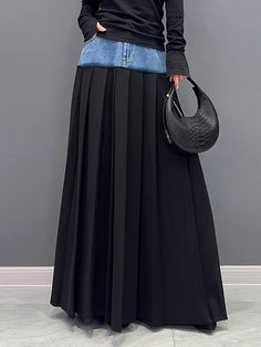 A-Line High Waisted Contrast Color Pleated Split-Joint Skirts Bottoms BLACK-One_size Skirt Over Pants Outfits, Skirt Over Pants, Blue Denim Skirt, Stylish Skirts, Leisure Fashion, Pants Outfits, Denim Maxi Skirt, Jeans For Short Women, Fashion Seasons