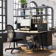 an office with lots of desk space and plants in the window sill, along with two chairs