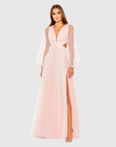 Tulle Sheer Long Sleeve Cut Out Lace Up A Line Gown V-neck Tulle Evening Dress For Debutante Ball, V-neck Tulle Gown For Debutante Ball, Tulle V-neck Gown For Debutante Ball, Elegant A-line Tulle Evening Dress, Pink V-neck Ball Gown For Wedding, V-neck Gown With Sheer Fitted Bodice, A-line Tulle Dress For Prom Season, Debutante Ball Dress With Sheer Back, Sheer Back Dress For Debutante Ball