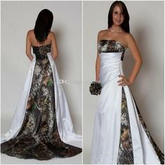 two pictures of a woman in a wedding dress and one is wearing a camo sash