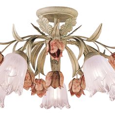 a chandelier with flowers hanging from it's center and leaves on the bottom