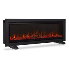 an electric fireplace with red flames on the side and black stand up frame, in front of white background