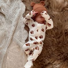 Organic Waffle Basic Zip Footie, Bear Paw Super Soft White Onesie For Playtime, Playful White Footie For Playtime, Soft White Onesie For Playtime, Brown Winter Onesie For Playtime, White Cotton Footie For Playtime, Bear Paw, Neutral Design, Bear Paws, Waffles