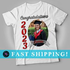 a white t - shirt with an image of a woman in graduation cap and gown