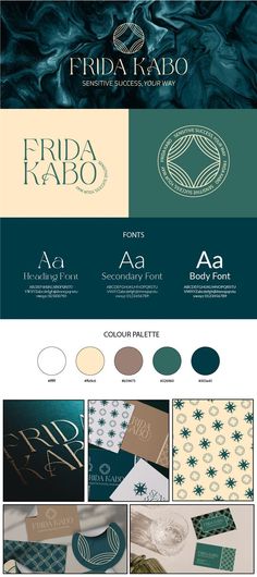 the brand identity for frida kabo is shown in several different colors and styles