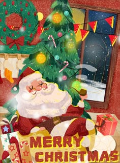 a christmas card with santa claus sitting in front of a tree