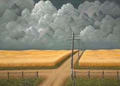 a painting of a dirt road leading to a field with storm clouds in the sky