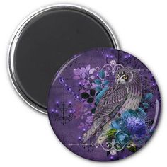 an owl sitting on top of purple flowers refrigerator magnets with blue and green leaves